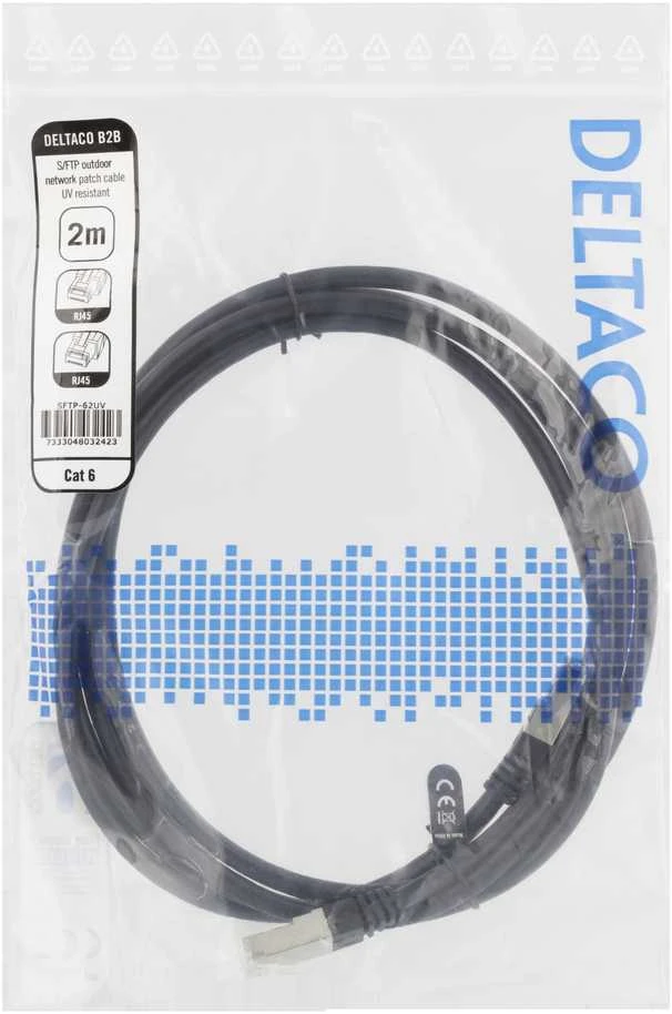 Patch kabelis DELTACO S/FTP, Cat6, 2m, 250MHz, UV atsparus, juodas / SFTP-62UV