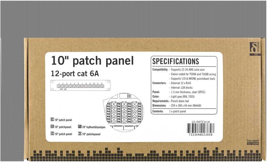 Panelė DELTACO 10", 12xRJ45, Cat6a, STP, 10Gbps, metalinė, pilka / 10-PATCH14