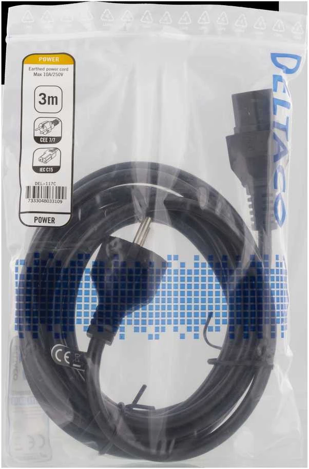 Prailginimo kabelis DELTACO 3m, įžemintas, tiesus IEC 60320 C15 į tiesų CEE 7/7, max 250V / 10A, juodas / DEL-117C