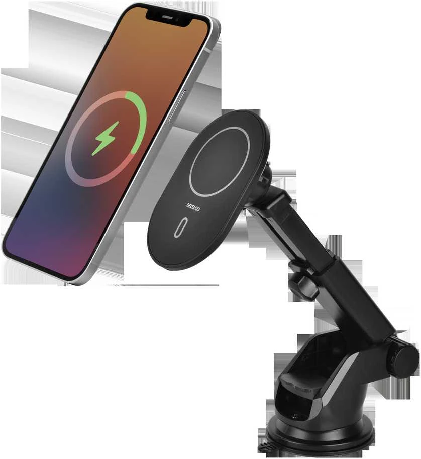 Qi bevielis mašininis kroviklis DELTACO su magnetinio fiksavimo funkcija, tinkamas Apple iPhone 12/13, juodas / QI-1035