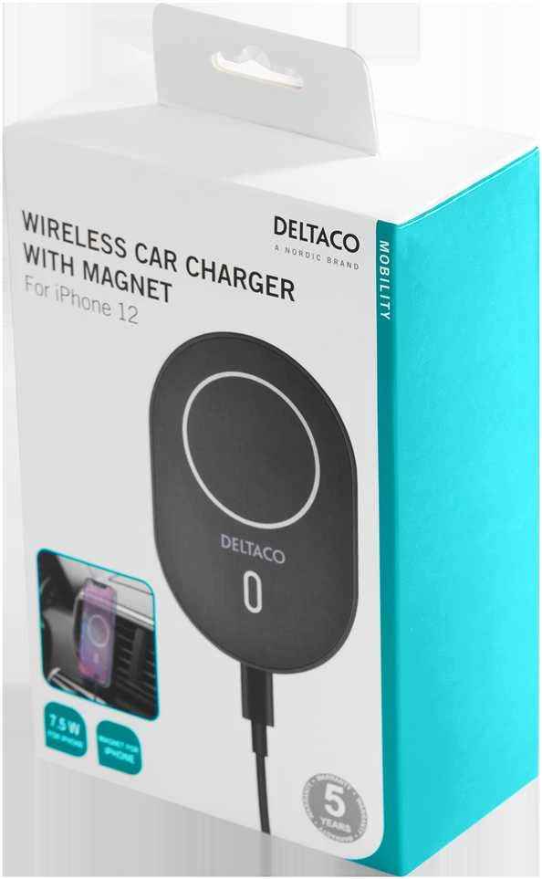 Qi bevielis mašininis kroviklis DELTACO su magnetinio fiksavimo funkcija, tinkamas Apple iPhone 12/13, juodas / QI-1035