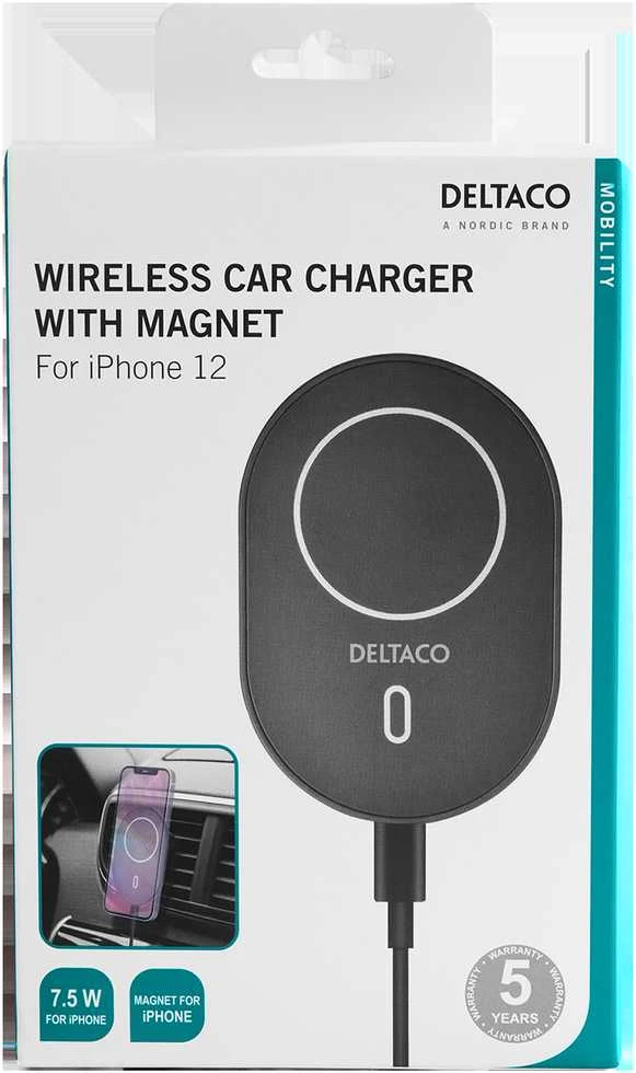 Qi bevielis mašininis kroviklis DELTACO su magnetinio fiksavimo funkcija, tinkamas Apple iPhone 12/13, juodas / QI-1035