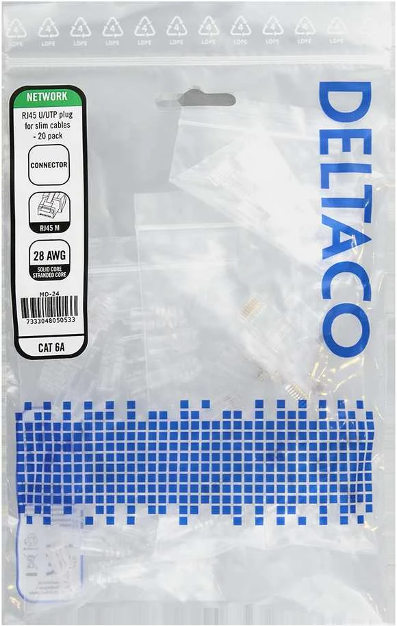 RJ45 jungtis plonam patch kabeliui DELTACO Cat6a, 28AWG, neekranuotas, įdėklas pridėtas / MD-24