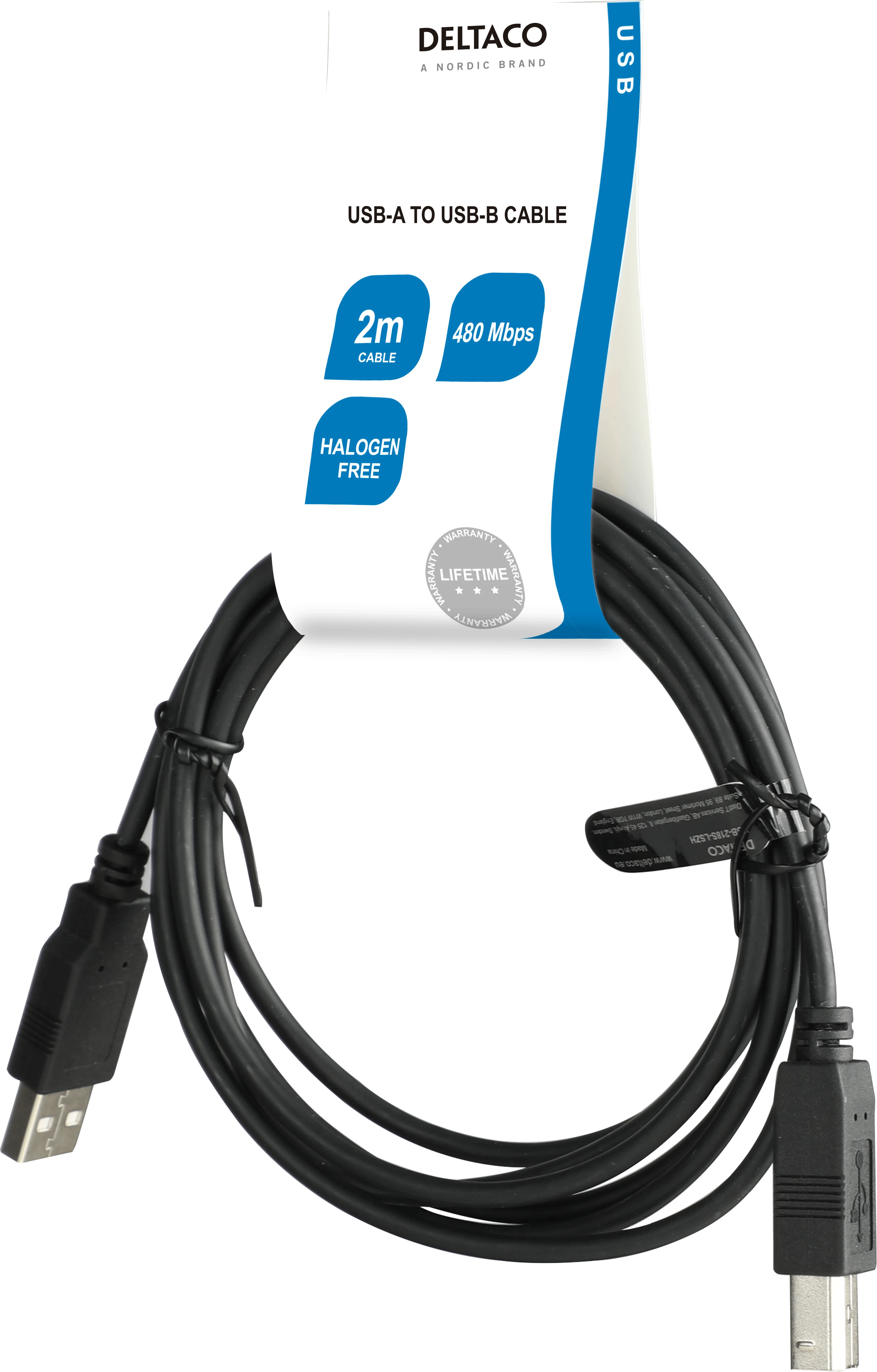 USB 2.0 kabelis DELTACO USB-A male - USB-B male, LSZH, 2m, juodas / USB-218S-LSZH