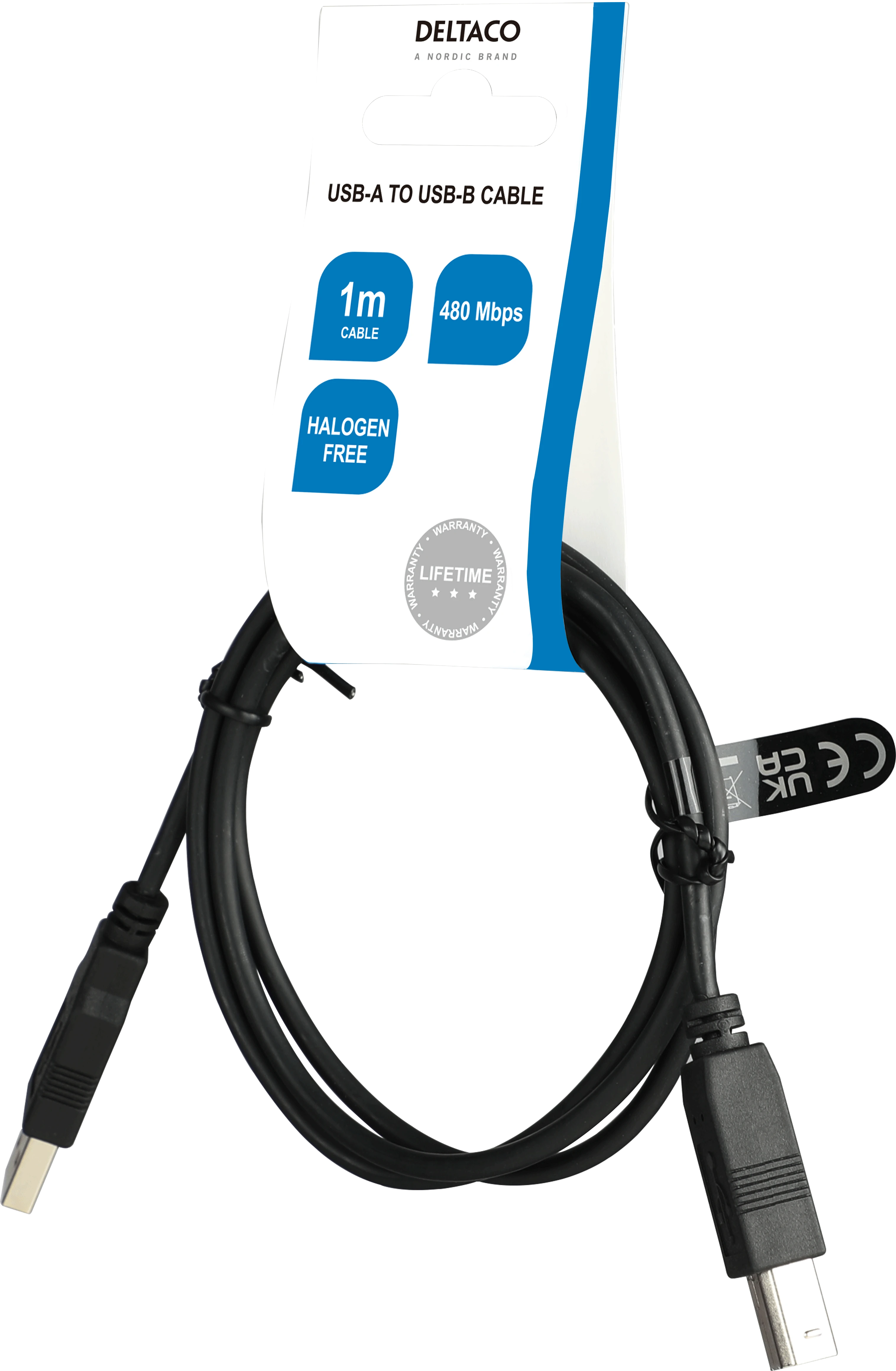 USB 2.0 kabelis DELTACO USB-A male - USB-B male, LSZH, 1m, juodas / USB-210S-LSZH