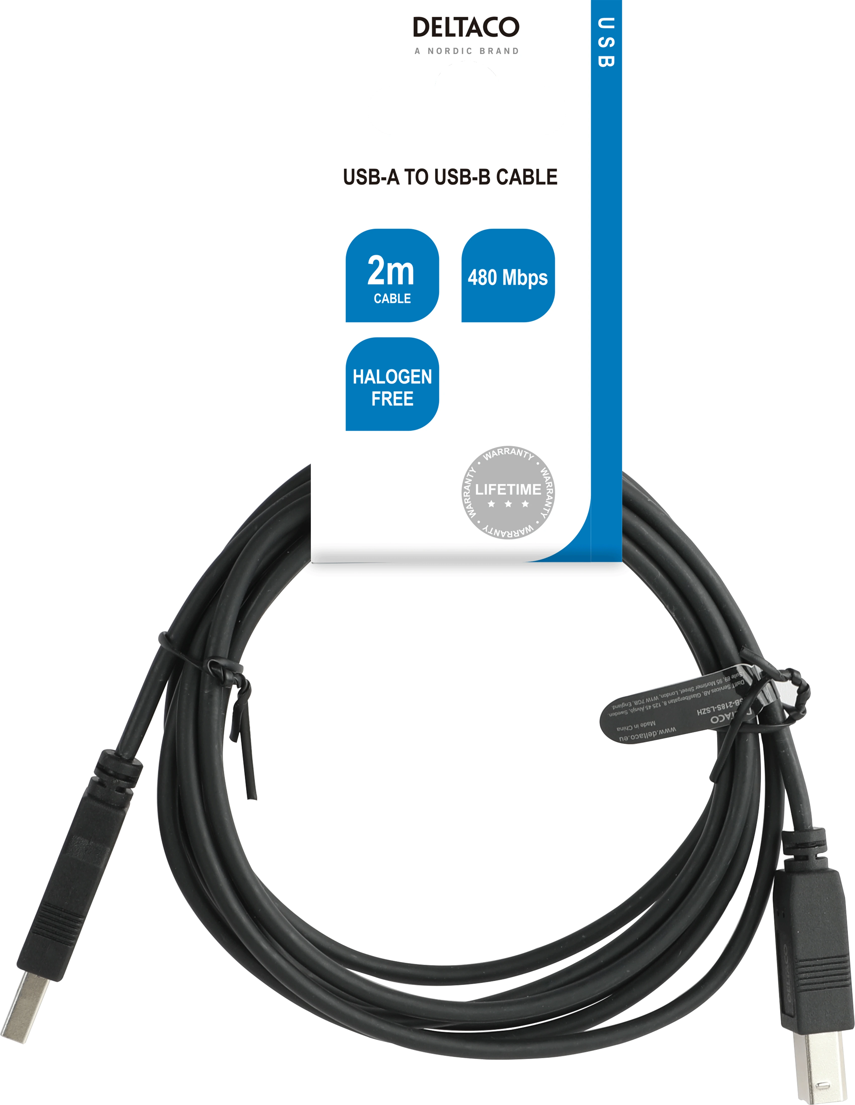 USB 2.0 kabelis DELTACO USB-A male - USB-B male, LSZH, 2m, juodas / USB-218S-LSZH