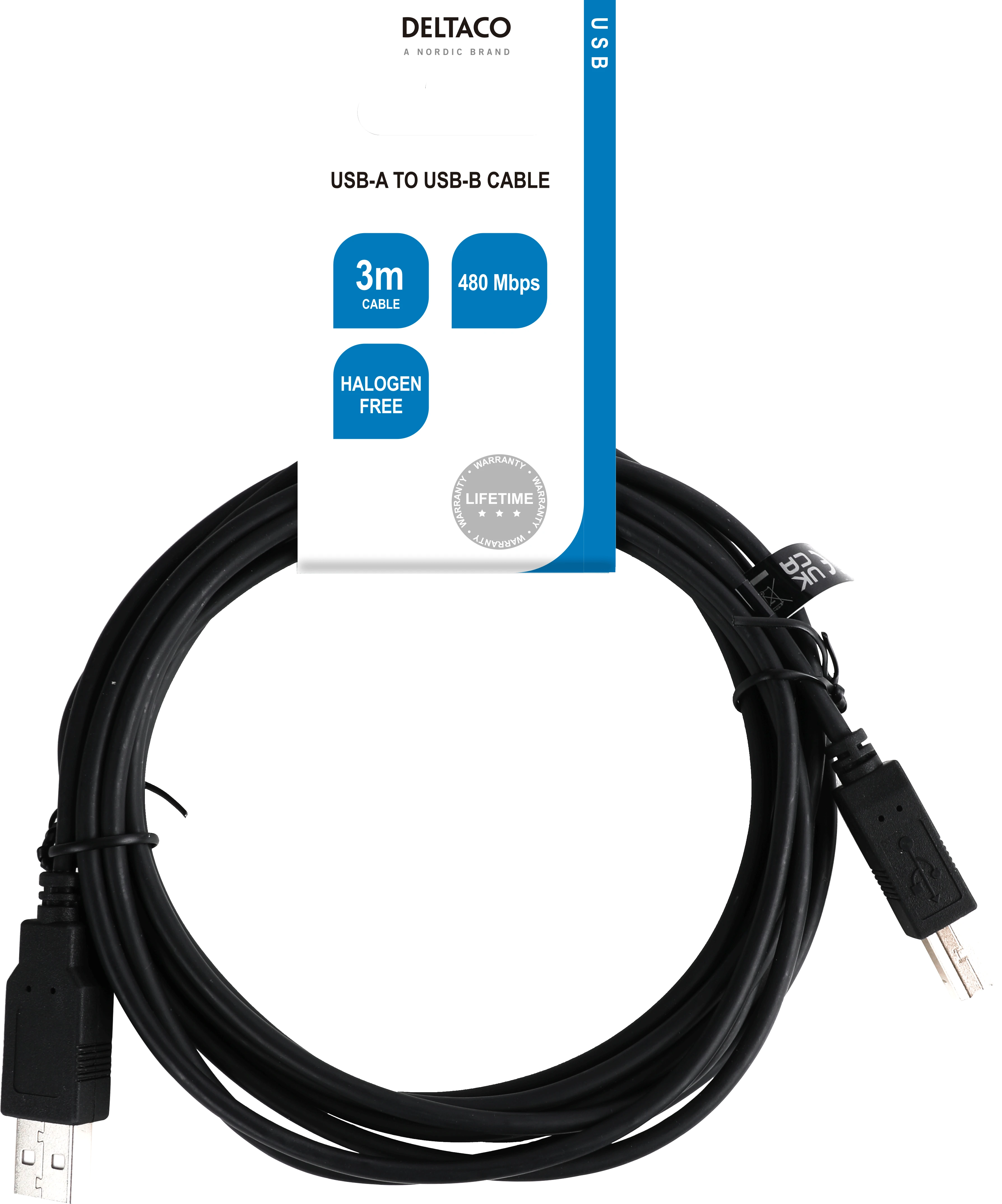 USB 2.0 kabelis DELTACO USB-A male - USB-B male, LSZH, 3m, juodas / USB-230S-LSZH