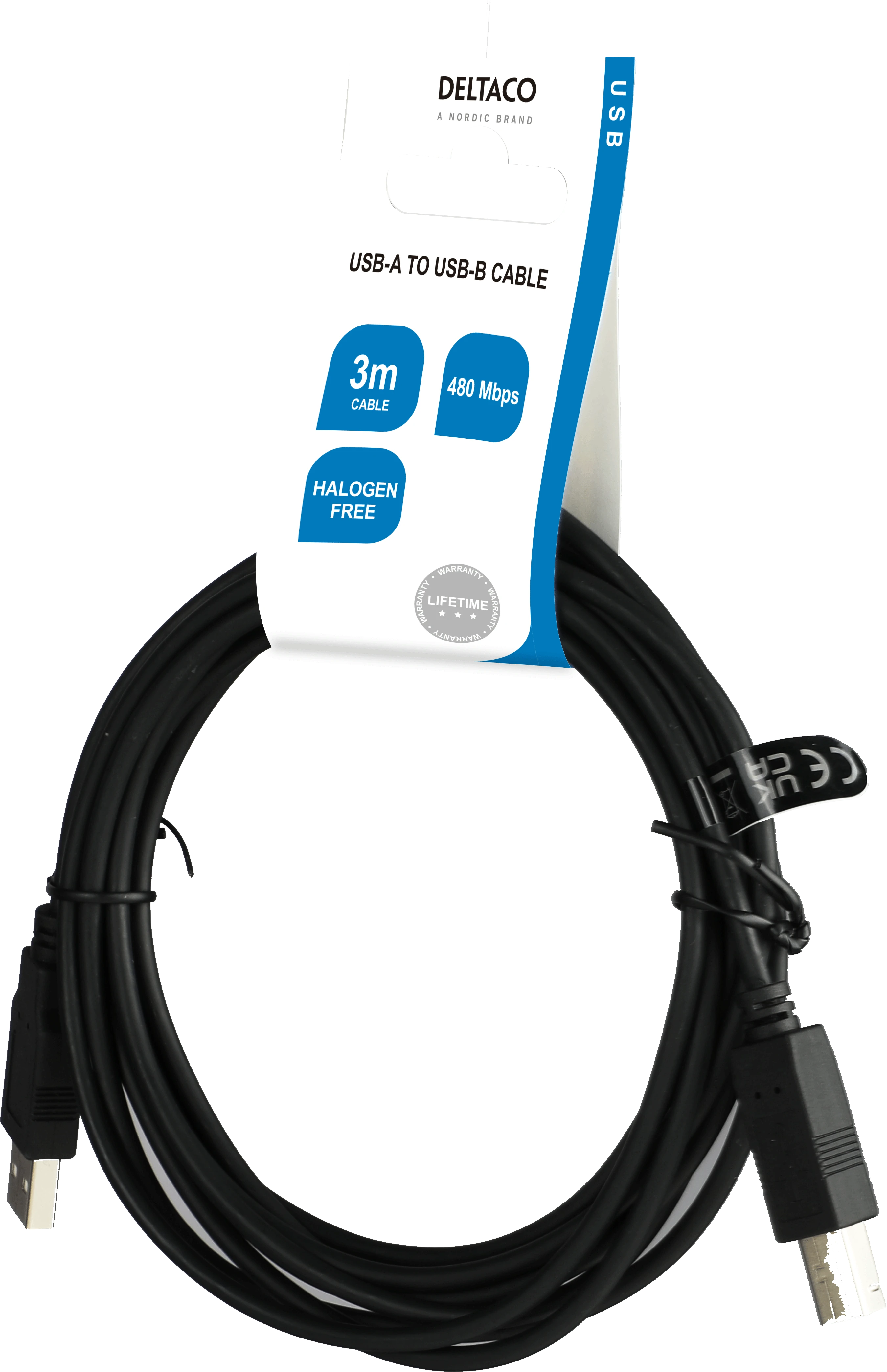 USB 2.0 kabelis DELTACO USB-A male - USB-B male, LSZH, 3m, juodas / USB-230S-LSZH