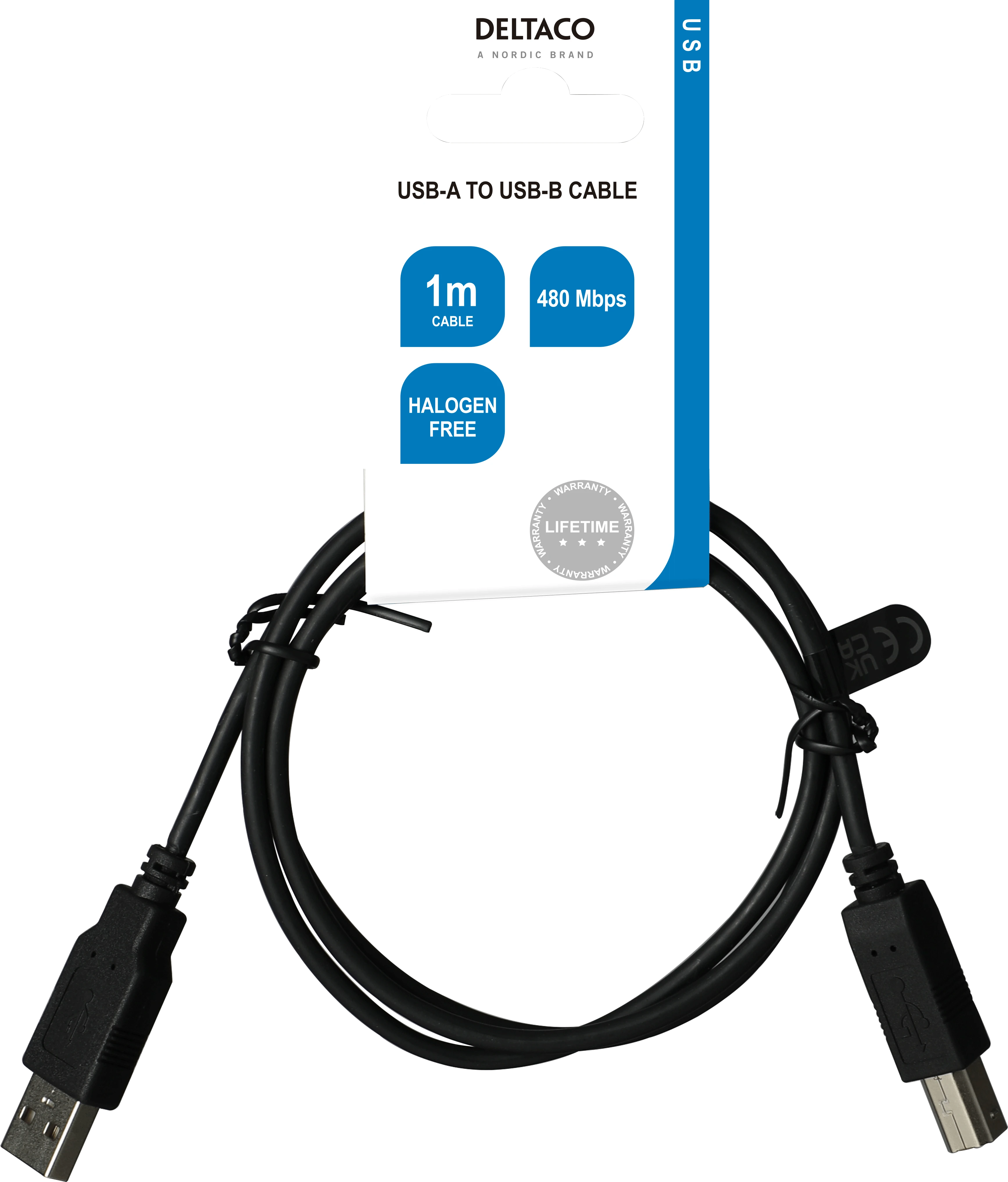USB 2.0 kabelis DELTACO USB-A male - USB-B male, LSZH, 1m, juodas / USB-210S-LSZH
