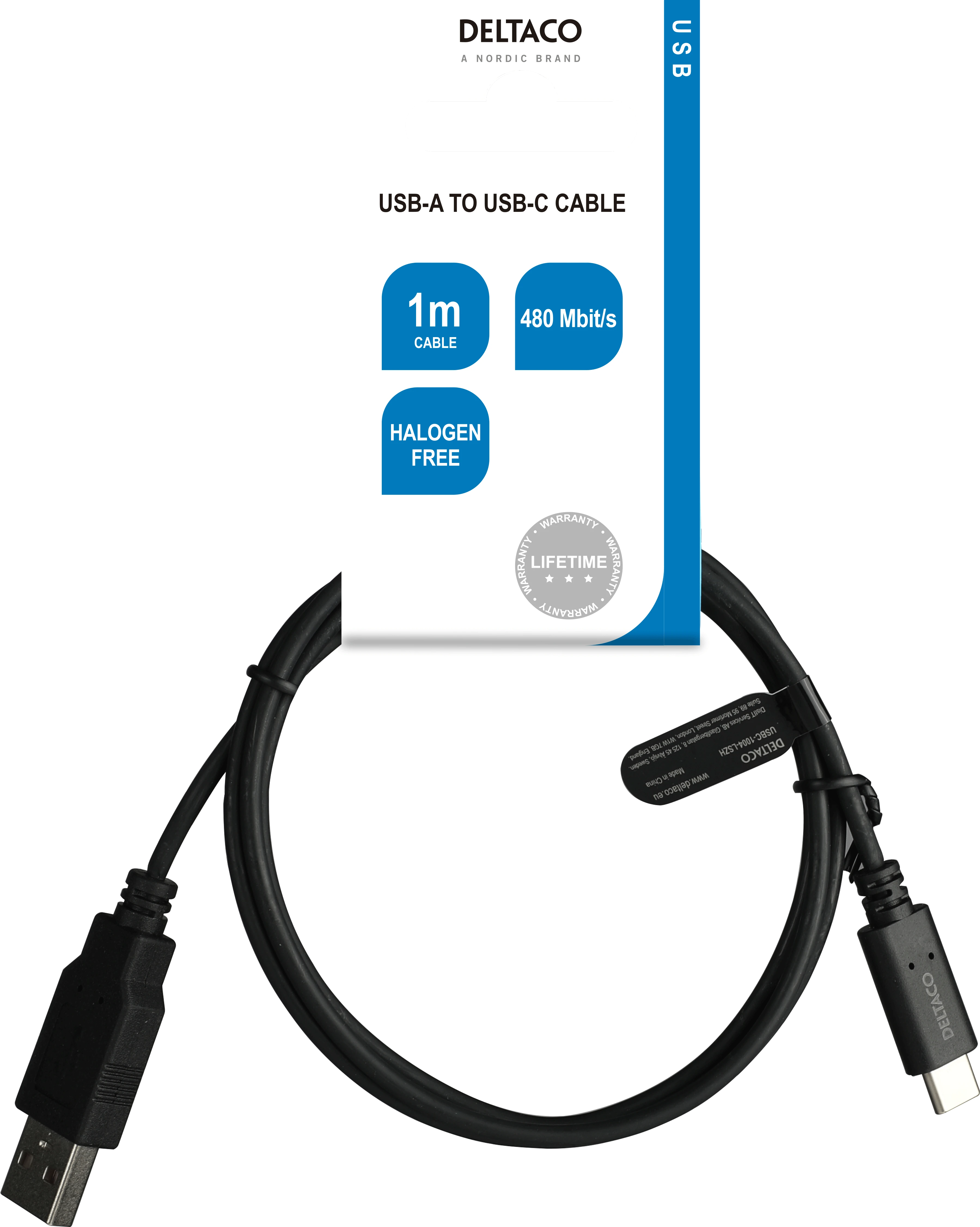 USB 2.0 kabelis DELTACO USB-A - USB-C male, LSZH, 1m, juodas / USBC-1004-LSZH
