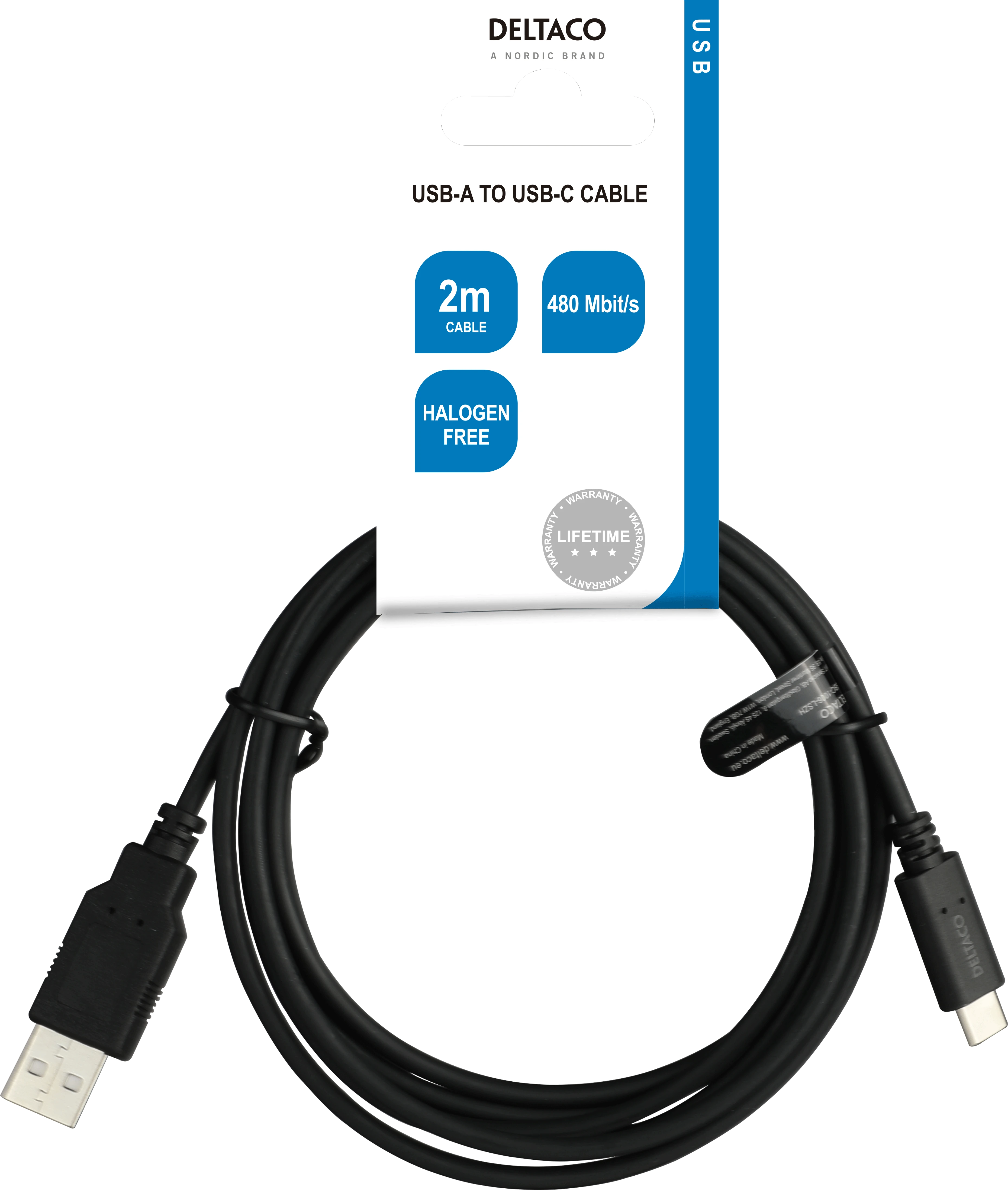 USB 2.0 kabelis DELTACO USB-A - USB-C male, LSZH, 2m, juodas / USBC-1006-LSZH