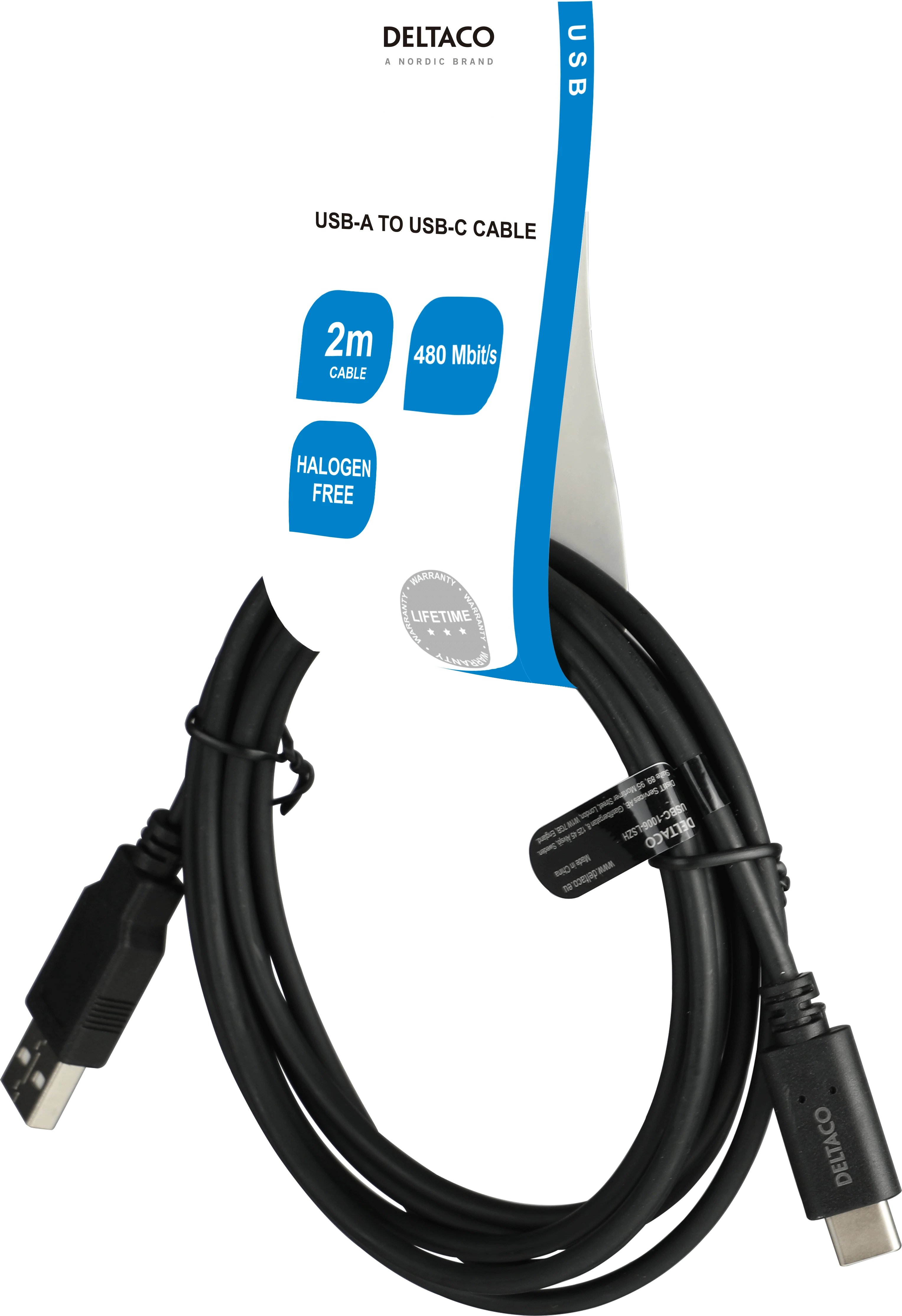USB 2.0 kabelis DELTACO USB-A - USB-C male, LSZH, 2m, juodas / USBC-1006-LSZH