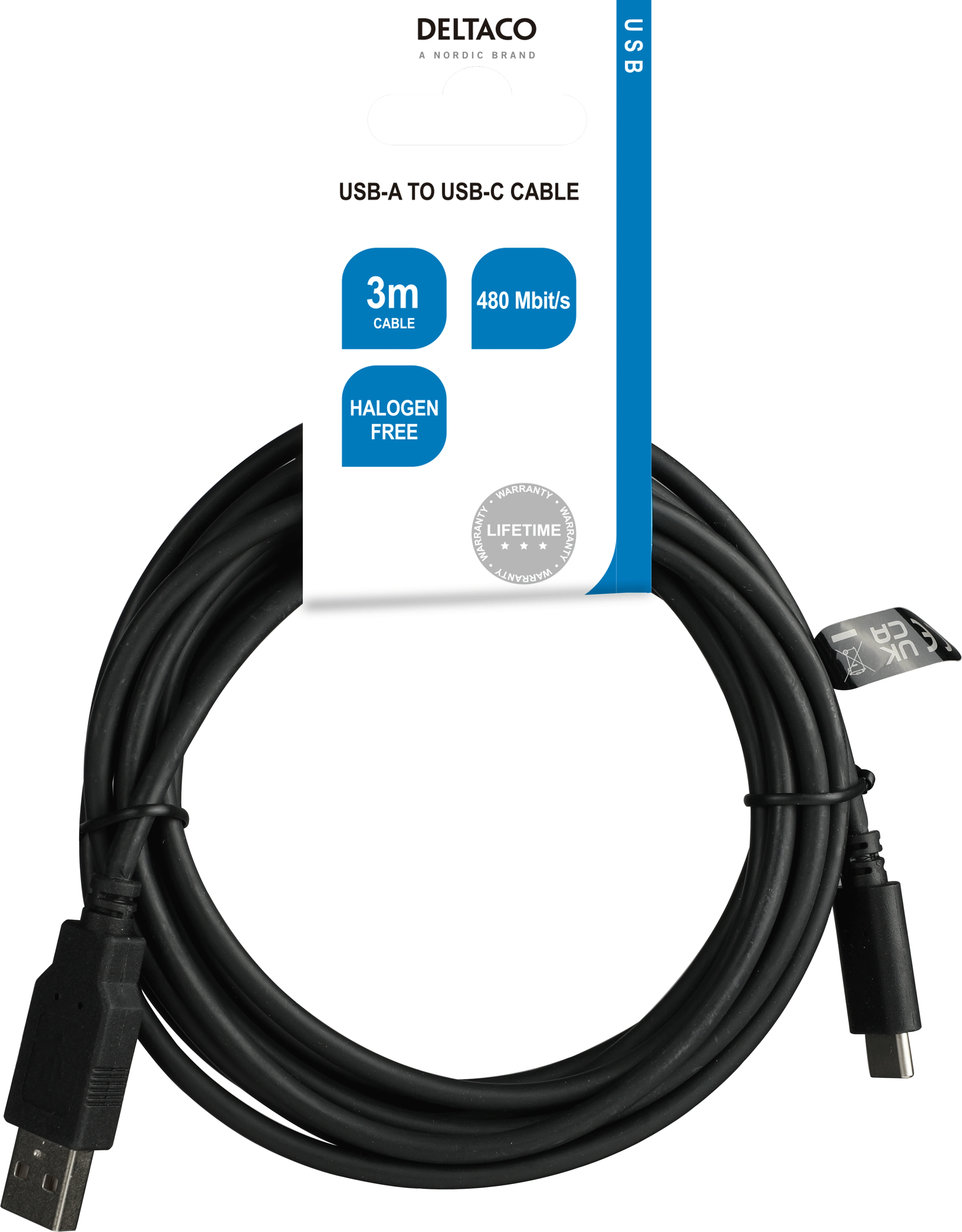 USB 2.0 kabelis DELTACO USB-A - USB-C male, LSZH, 3m, juodas / USBC-1007-LSZH