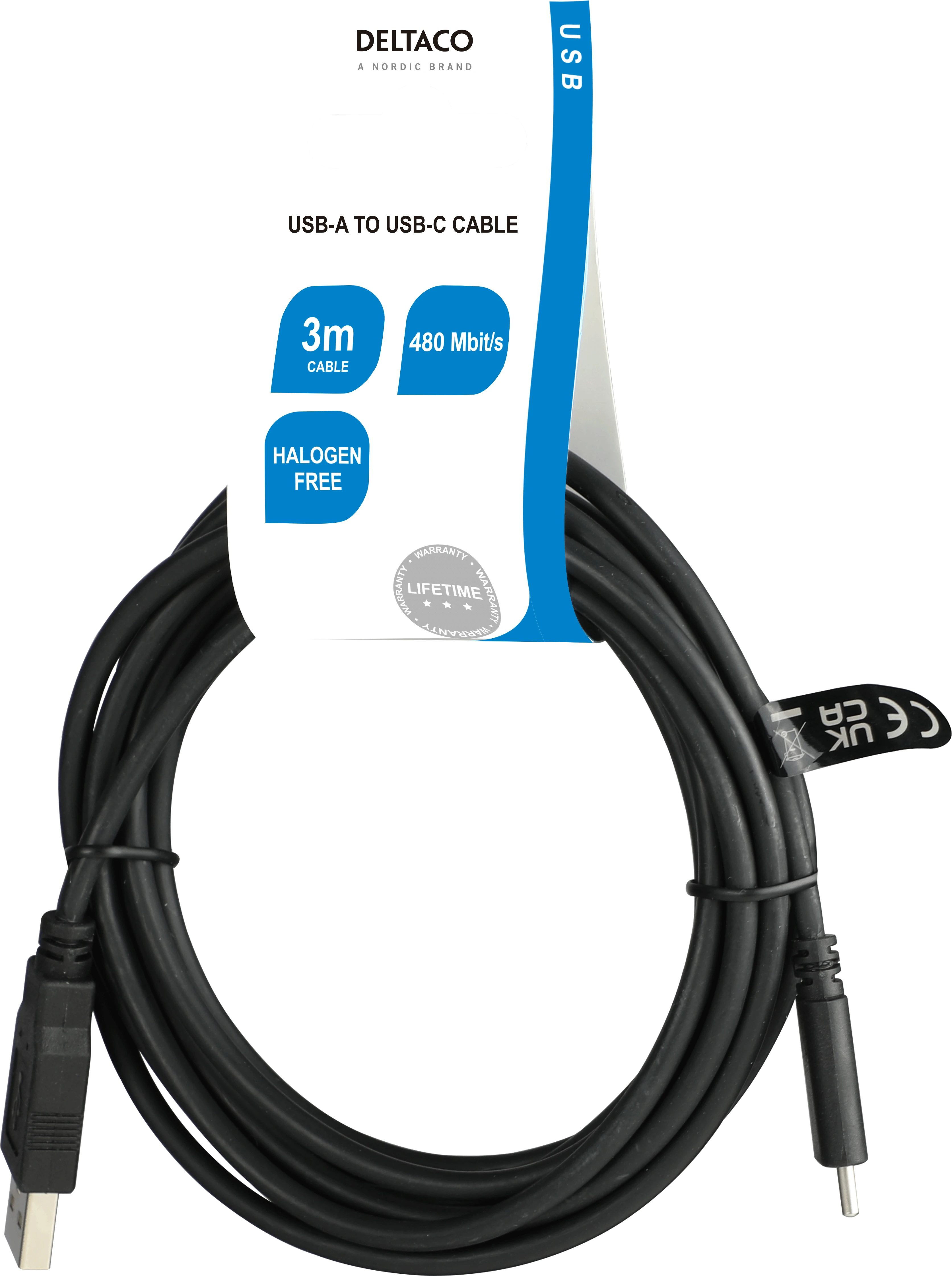 USB 2.0 kabelis DELTACO USB-A - USB-C male, LSZH, 3m, juodas / USBC-1007-LSZH