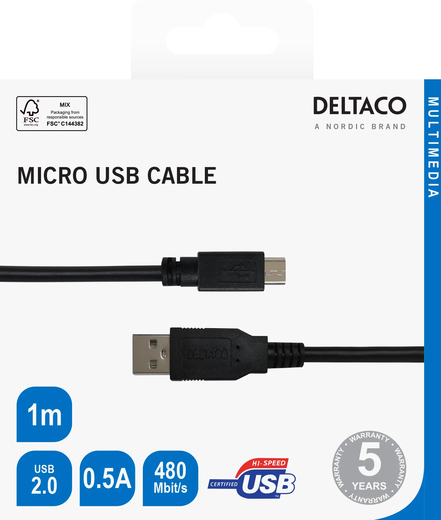 USB 2.0 Micro B kabelis DELTACO 2.4A, 1m, juodas / USB-301S-K / R00140008