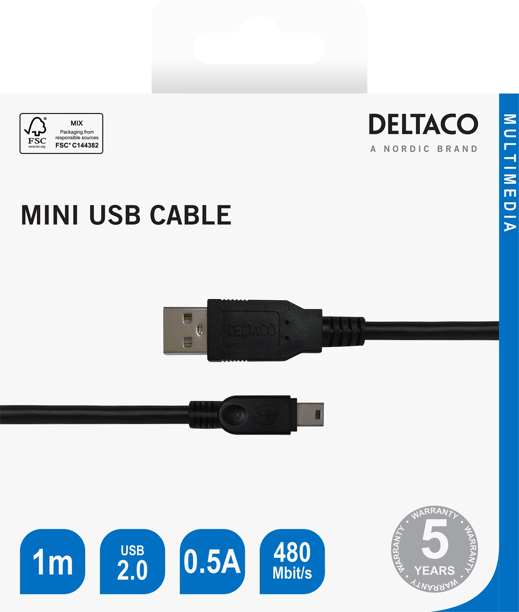 USB 2.0 mini B kabelis DELTACO tinka DSLR fotoaparatams, 1m, juodas / USB-24-K / 00140007