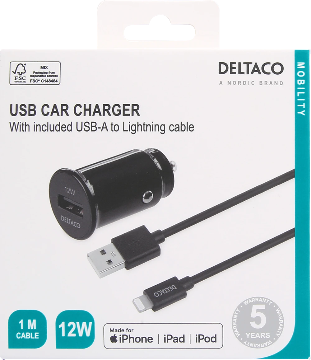 USB automobilinis įkroviklis DELTACO 1x USB-A 2,4 A, 1 m Lightning laidas, juodas / USB-CAR130