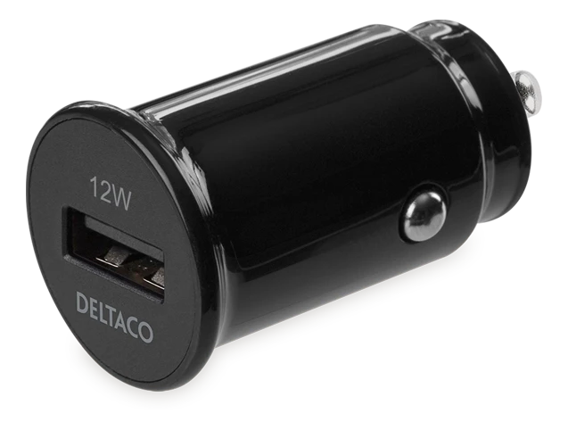 USB automobilinis įkroviklis DELTACO 1x USB-A 2,4 A, 1 m Lightning laidas, juodas / USB-CAR130