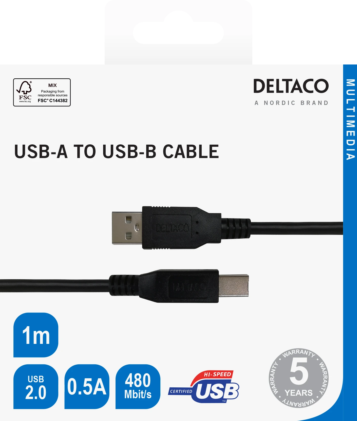 USB-B 2.0 kabelis DELTACO tinkamas spausdintuvams, 1m juodas / USB-210S-K / R00140001
