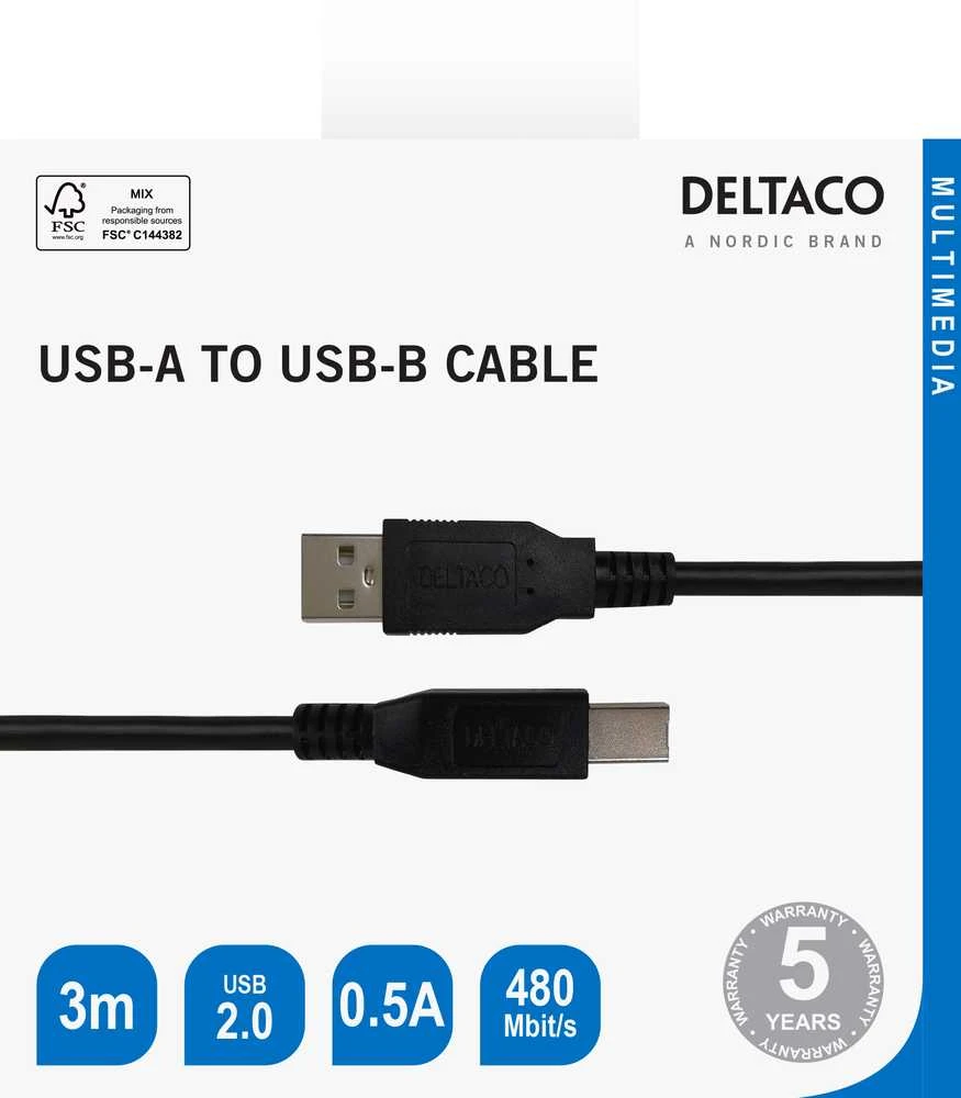 USB-B 2.0 kabelis DELTACO tinkamas spausdintuvams, 3m juodas / USB-230S-K / R00140006