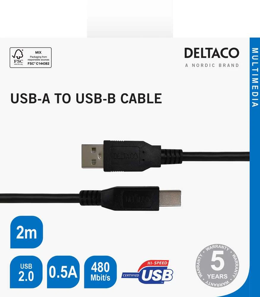 USB-B 2.0 kabelis DELTACO tinkamas spausdintuvams, 2m juodas / USB-218S-K / R00140005