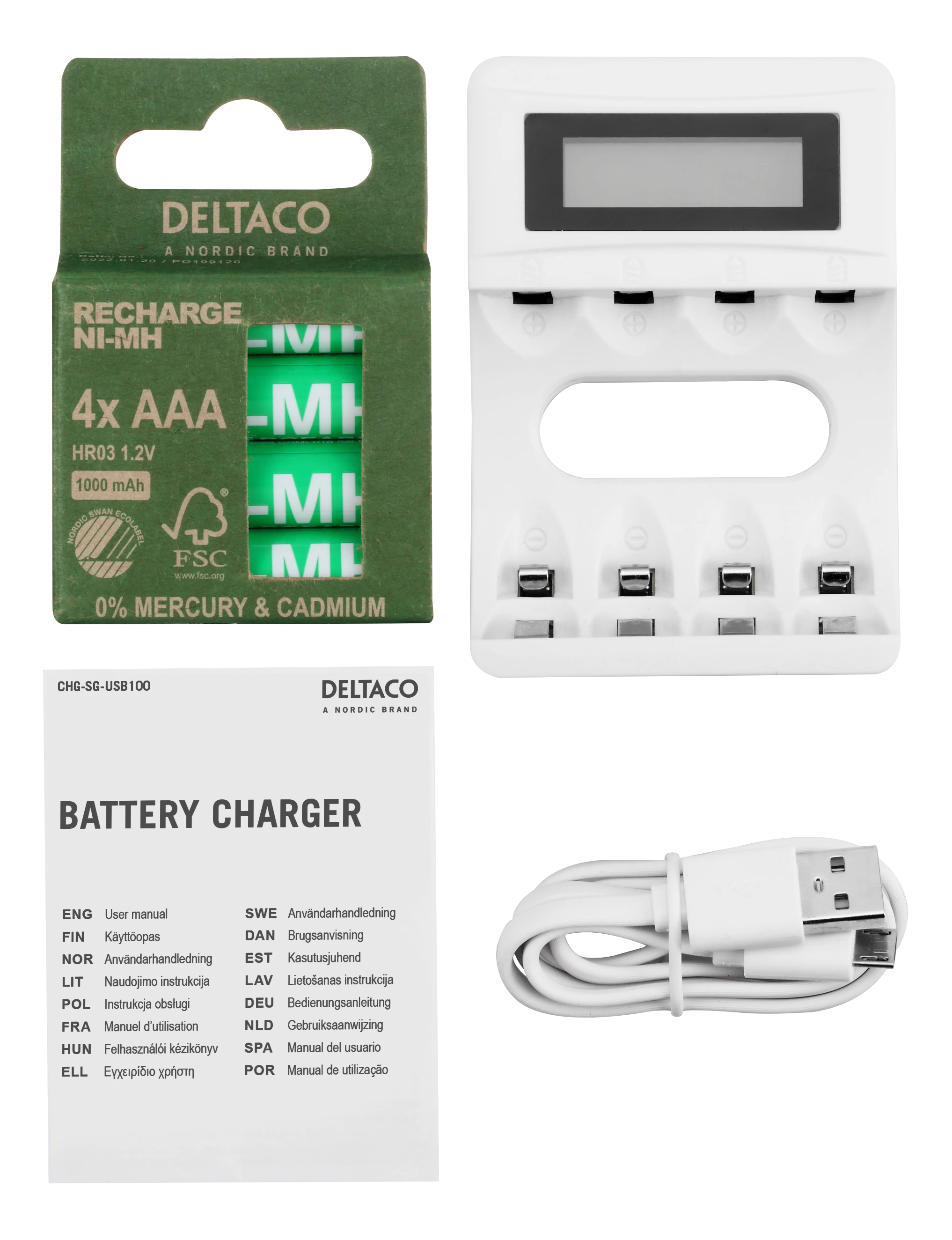 USB baterijų įkroviklis DELTACO 4xAA/AAA Ni-MH/Ni-Cd baterijoms, pridedamos 4x AAA baterijos, baltas / C704A4-4xAAA