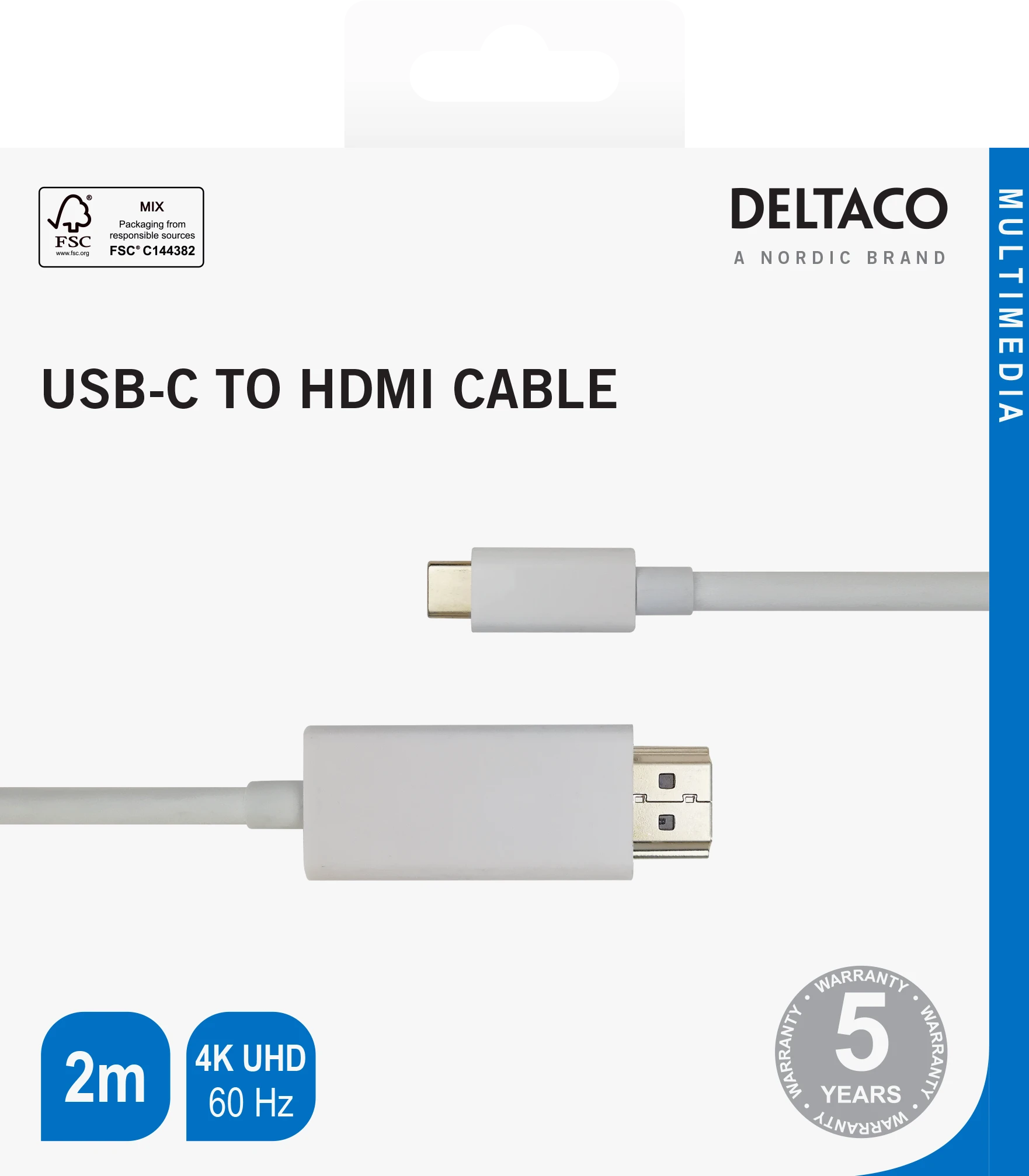 USB-C - HDMI kabelis DELTACO 4K UHD, paauksuotos jungtys, 2m, baltas / USBC-HDMI1021-K / 00140022