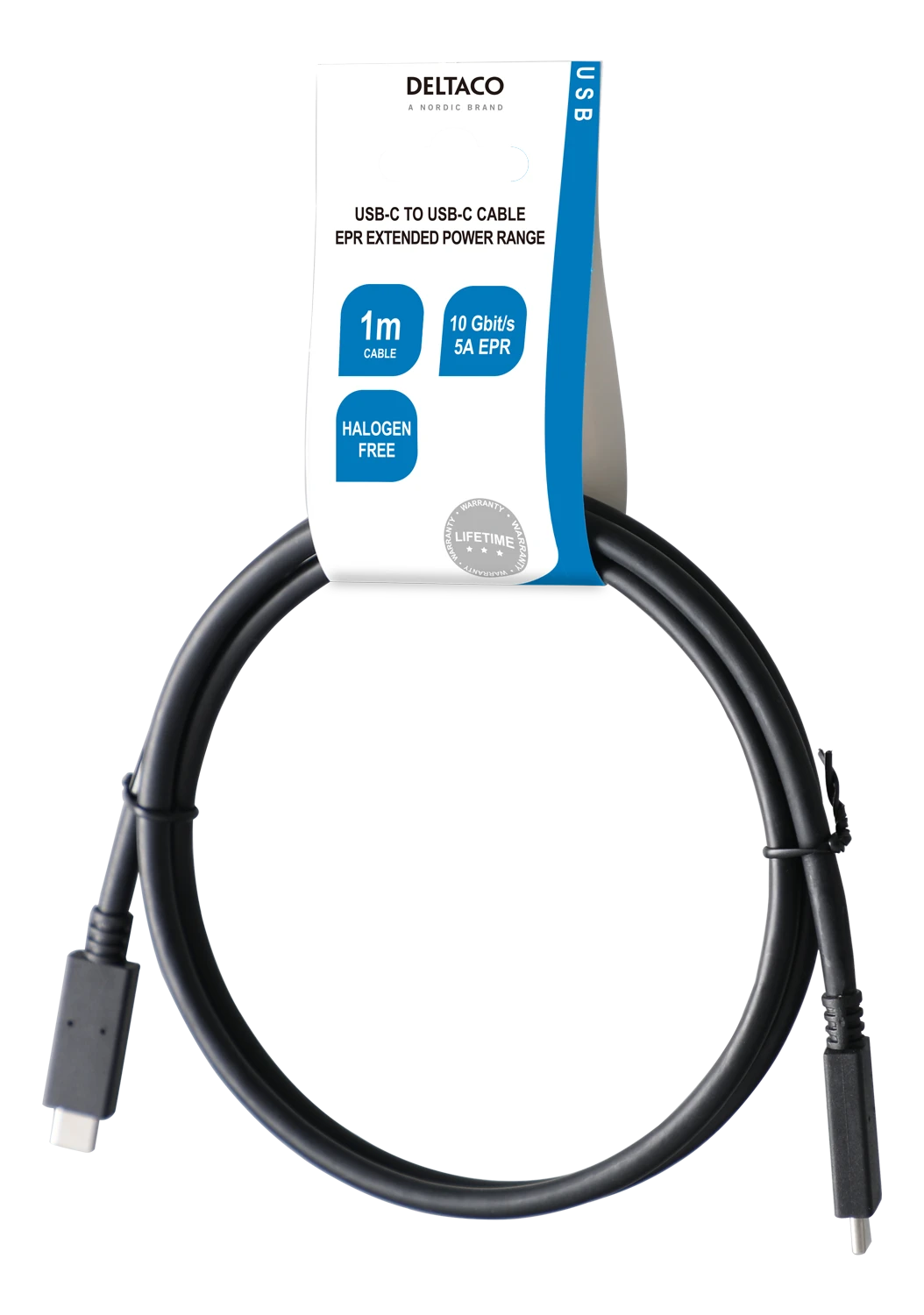 USB-C į USB-C kabelis DELTACO 1m, 10Gbps, 100W 5A, USB 3.1 Gen 2, E-Market, juodas / USBC-1402-LSZH
