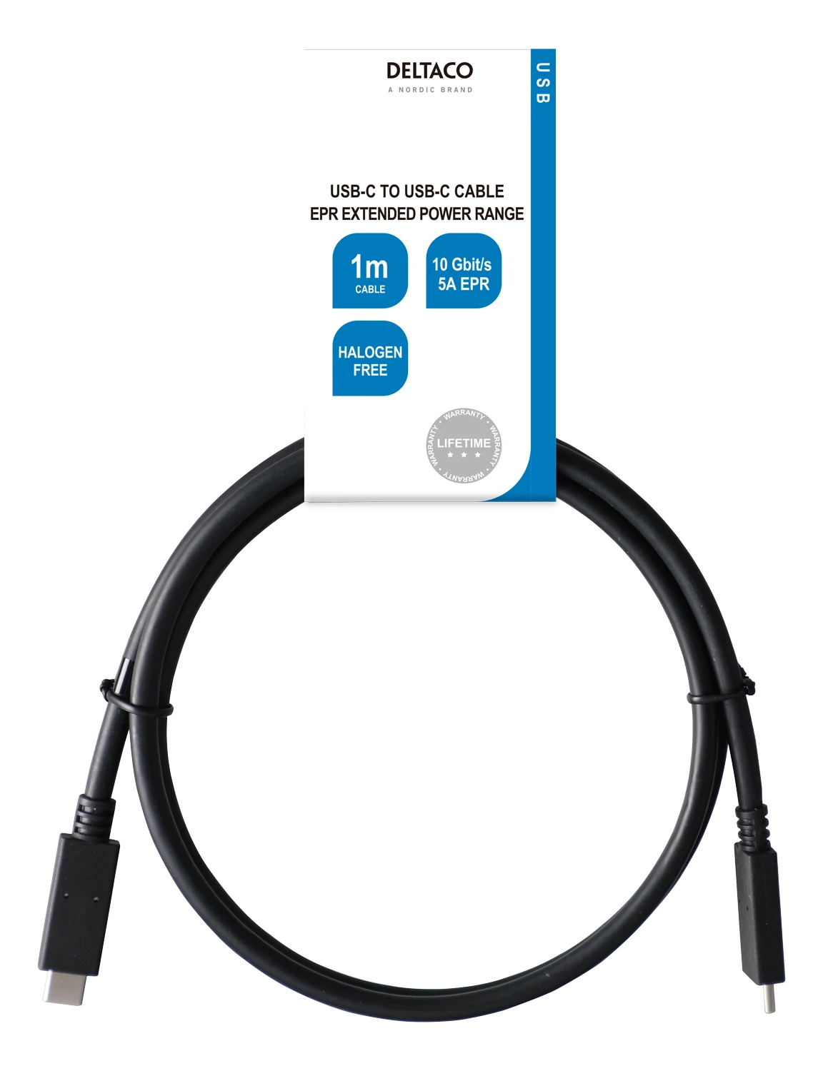 USB-C į USB-C kabelis DELTACO 1m, 10Gbps, 100W 5A, USB 3.1 Gen 2, E-Market, juodas / USBC-1402-LSZH