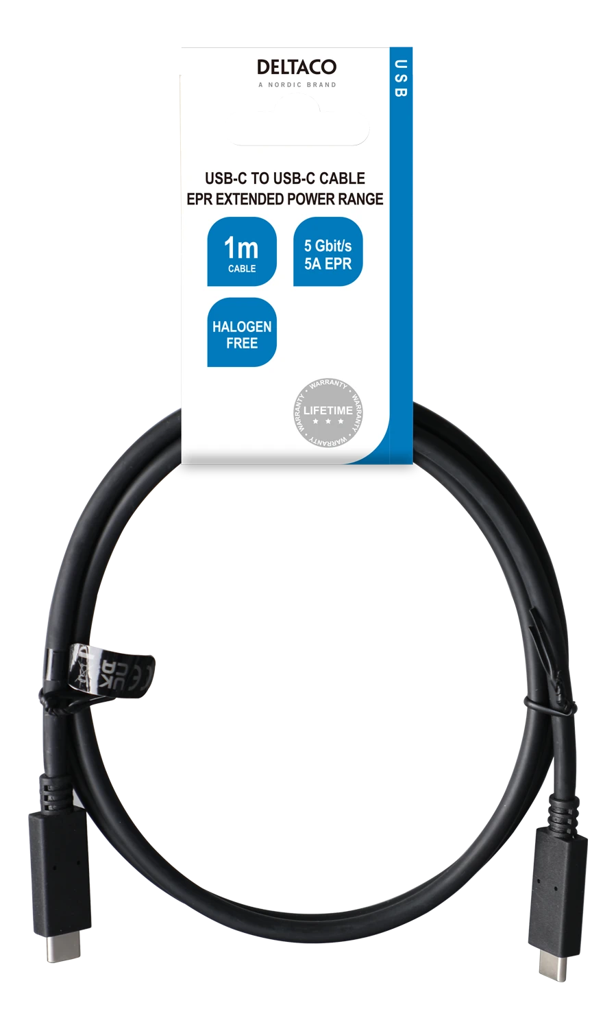 USB-C į USB-C kabelis DELTACO 5 Gbit/s, 5A, 1 m, juodas / USBC-1501-LSZH