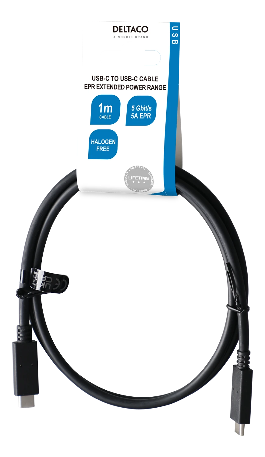 USB-C į USB-C kabelis DELTACO 5 Gbit/s, 5A, 1 m, juodas / USBC-1501-LSZH