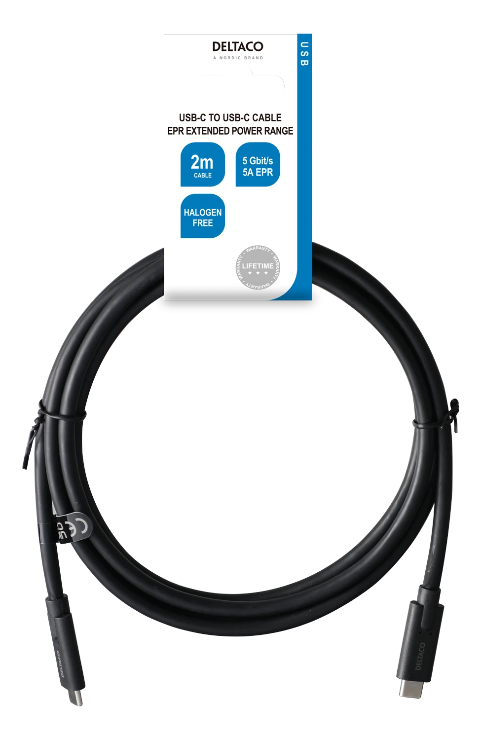 USB-C į USB-C kabelis DELTACO 5 Gbit/s, 5A, 2m, juodas / USBC-1503-LSZH