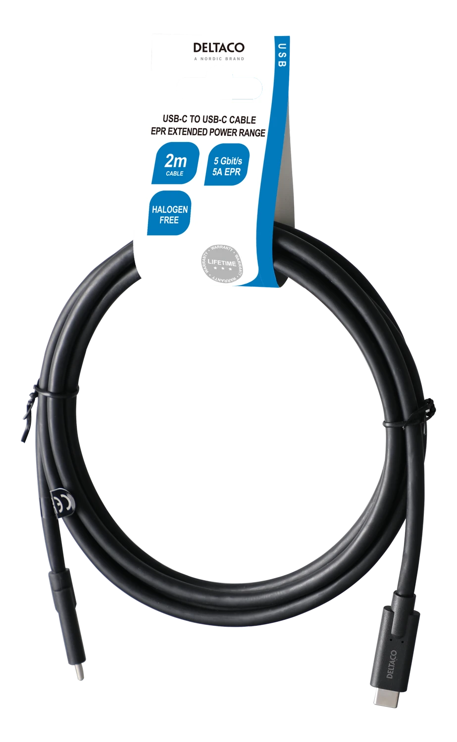 USB-C į USB-C kabelis DELTACO 5 Gbit/s, 5A, 2m, juodas / USBC-1503-LSZH