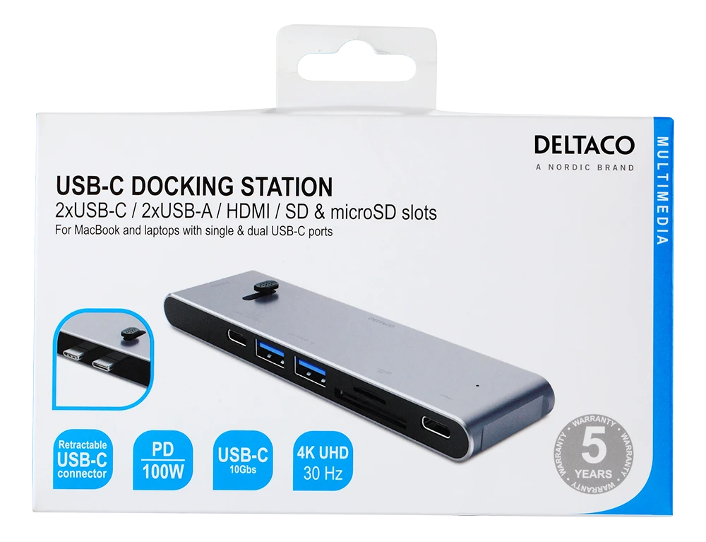 USB-C jungčių stotelė DELTACO USB-C į HDMI/DisplayPort/USB-A/USB-C/atminties kortelės skaitytuvas, 3840x2160, PD 100W, pilka / USBC-HDMI21