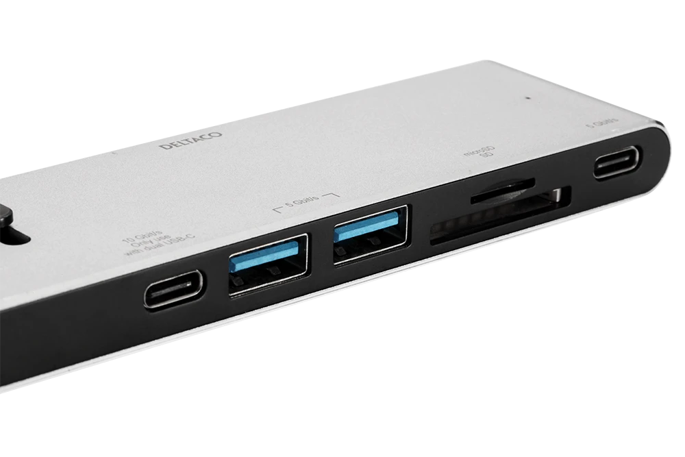 Deltaco USB-C stotelė: prievadų skydelio detalė