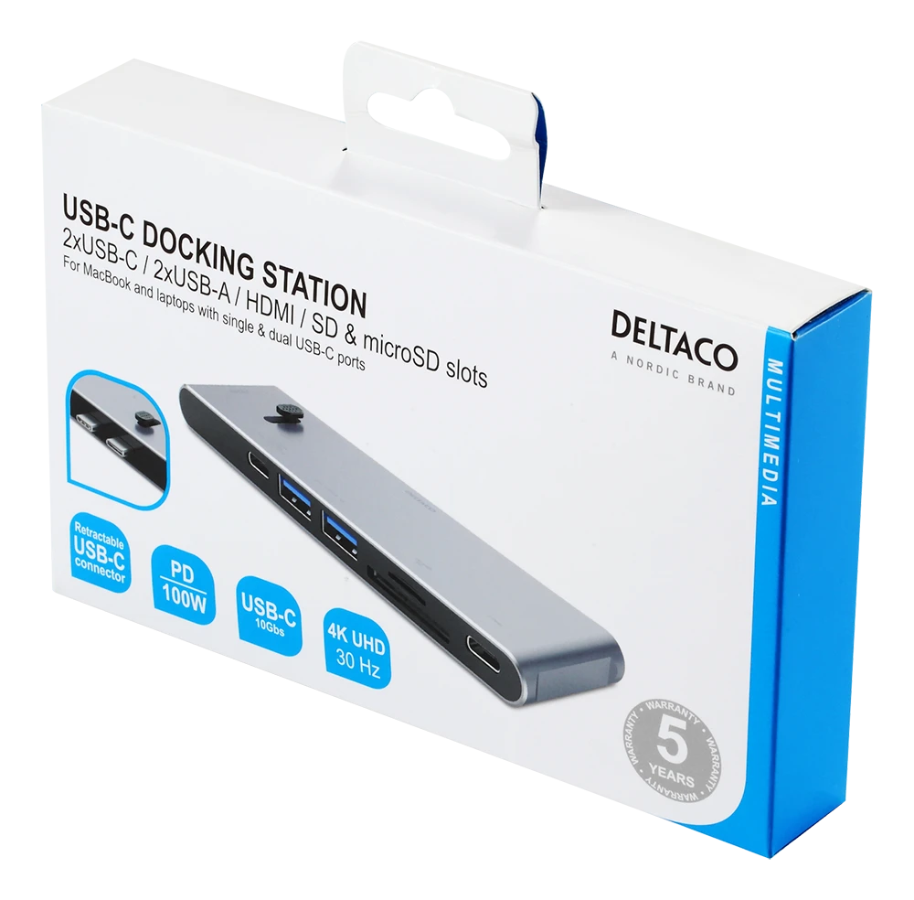 USB-C jungčių stotelė DELTACO USB-C į HDMI/DisplayPort/USB-A/USB-C/atminties kortelės skaitytuvas, 3840x2160, PD 100W, pilka / USBC-HDMI21