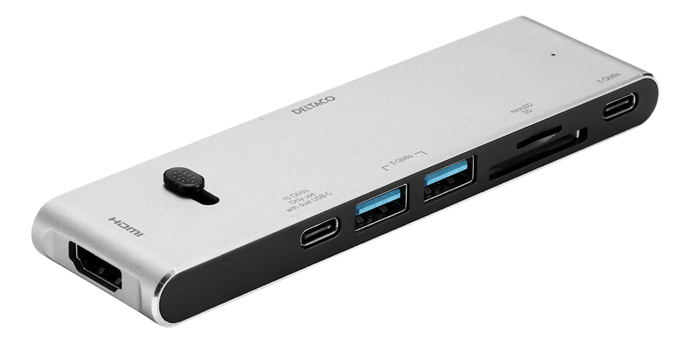 USB-C jungčių stotelė DELTACO USB-C į HDMI/DisplayPort/USB-A/USB-C/atminties kortelės skaitytuvas, 3840x2160, PD 100W, pilka / USBC-HDMI21