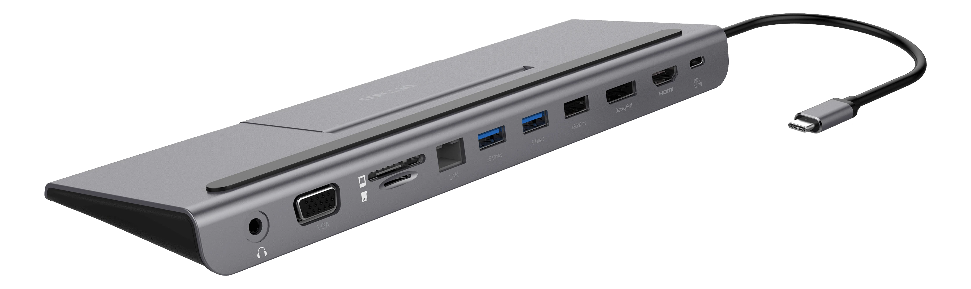 Deltaco USB-C stotelė su jungčių vaizdu iš šono