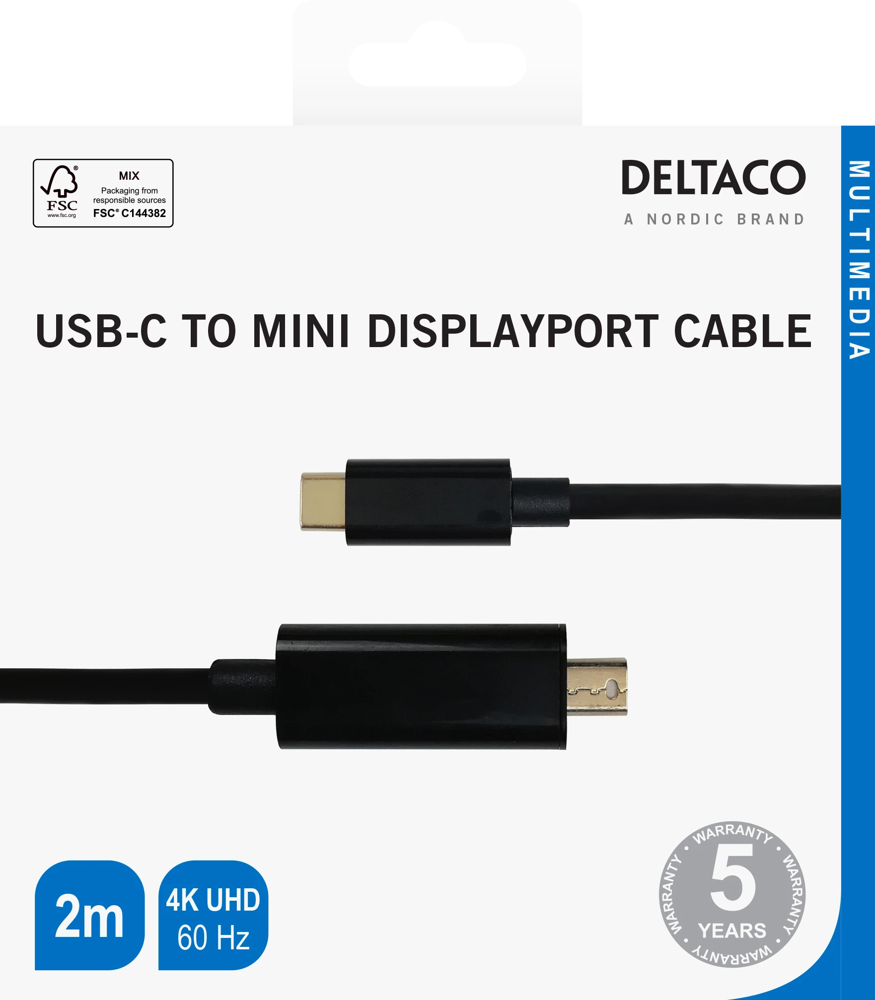 USB-C - miniDisplayPort kabelis DELTACO 4K UHD, paauksuotos jungtys, 2m, juodas / USBC-DP202-K / 00140017