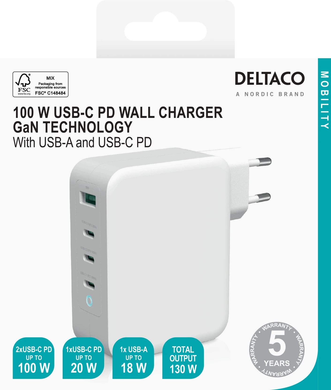 Deltaco 130W įkroviklis su 4 jungtimis pakuotėje
