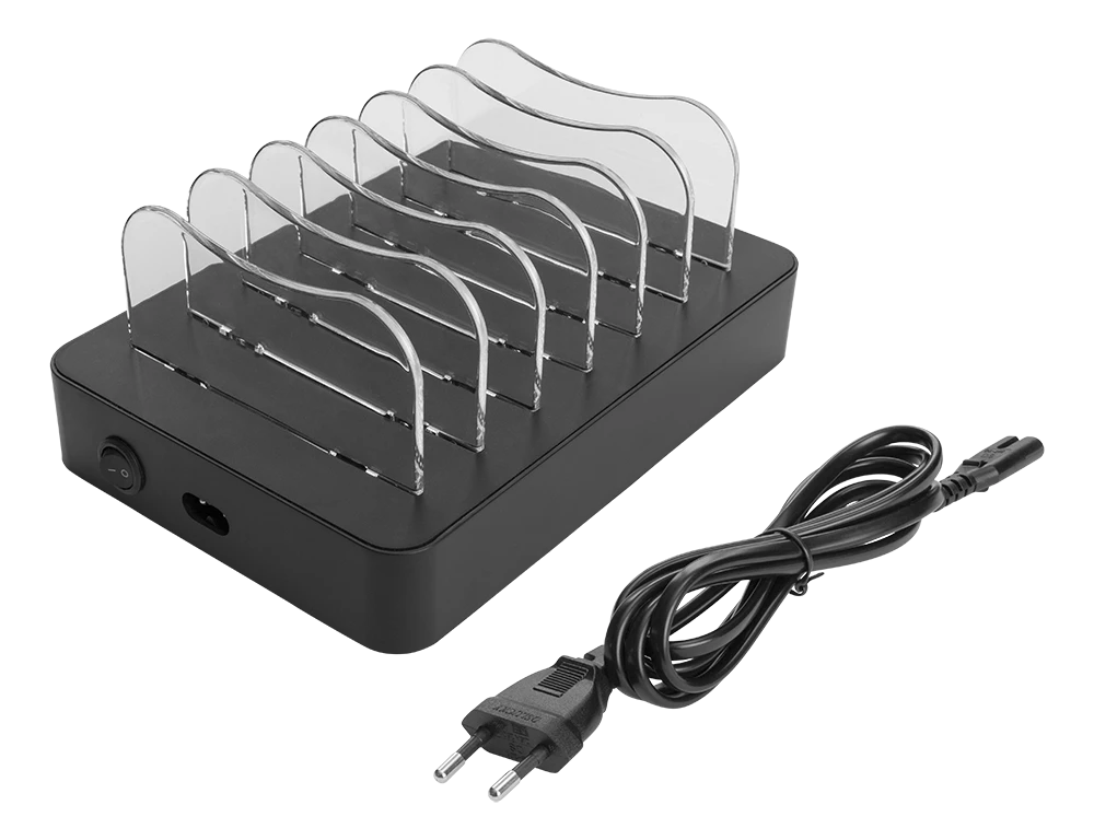 USB įkrovimo stotelė DELTACO skirta 6 įrenginiams, 5x USB-A, 1x USB-C PD, greitas krovimas, 50 W, juoda / DPS-0200