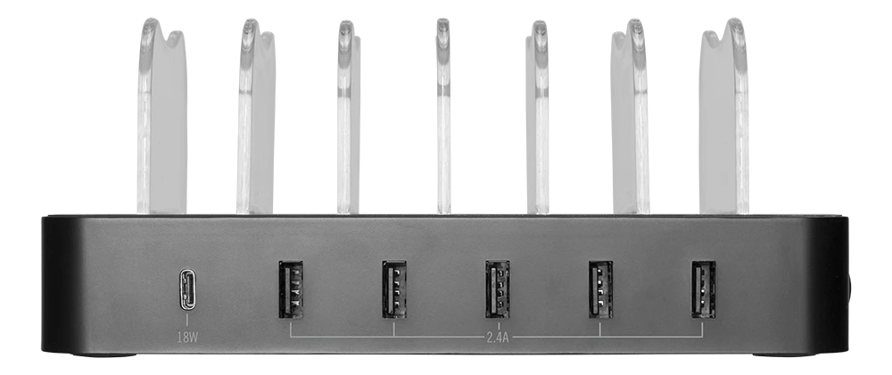 USB įkrovimo stotelė DELTACO skirta 6 įrenginiams, 5x USB-A, 1x USB-C PD, greitas krovimas, 50 W, juoda / DPS-0200