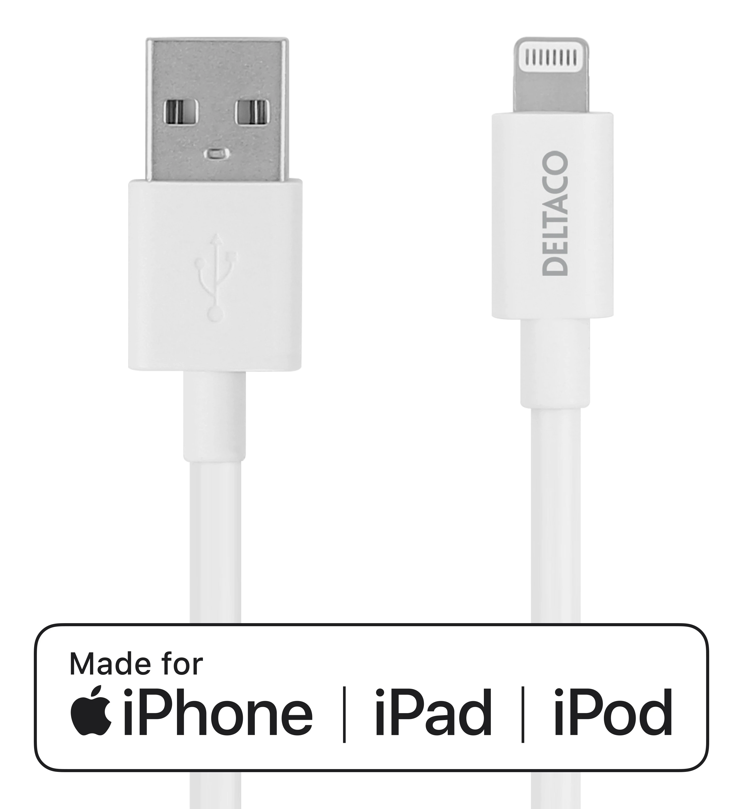 USB kabelis DELTACO su Lightning jungtimi, MFI sertifikuotas, 2.4A, 0.5 m, baltas / IPLH-4005