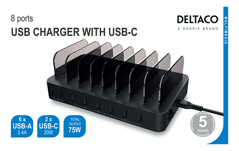 USB krovimo stotelė DELTACO skirtas 8 prietaisams, 6x USB-A, 2x USB-C PD, greitas krovimas, 75 W, juodas / DPS-0201