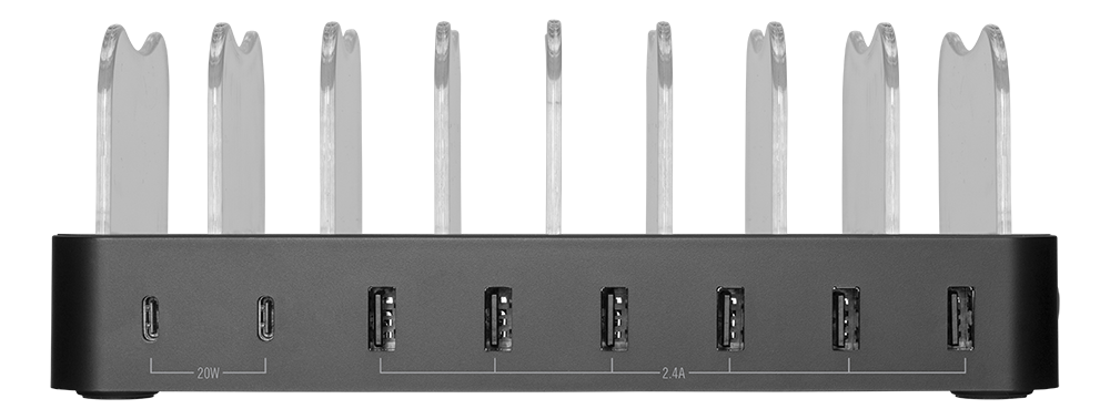 USB krovimo stotelė DELTACO skirtas 8 prietaisams, 6x USB-A, 2x USB-C PD, greitas krovimas, 75 W, juodas / DPS-0201