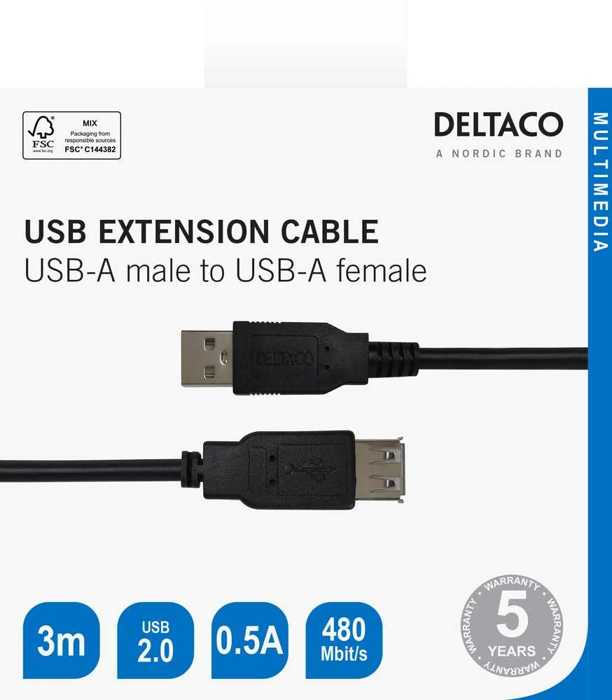 USB prailginimo kabelis DELTACO USB-A male - USB-A female, 3m, juodas / USB2-13S-K / R00140003