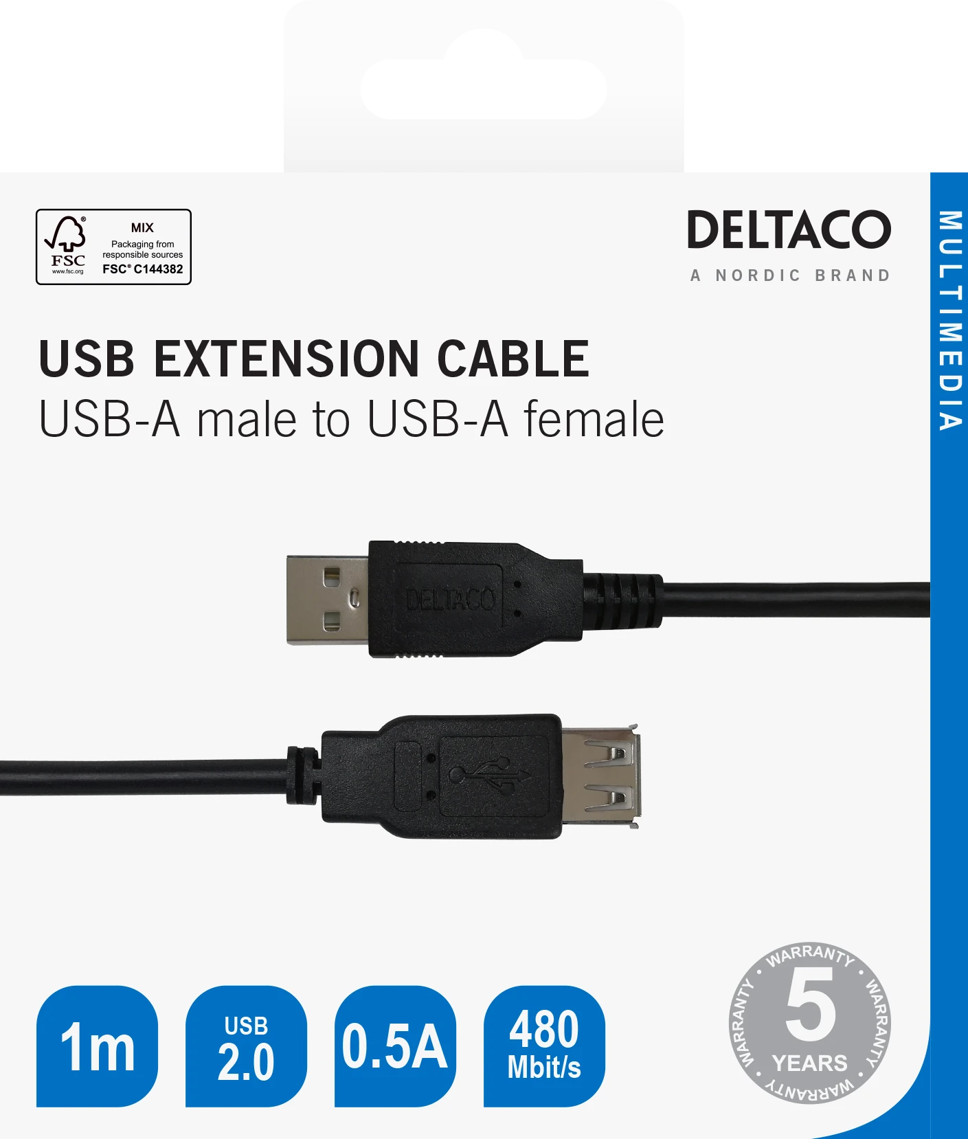 USB prailginimo kabelis DELTACO USB-A male - USB-A female, 1m, juodas / USB2-15S-K / R00140004