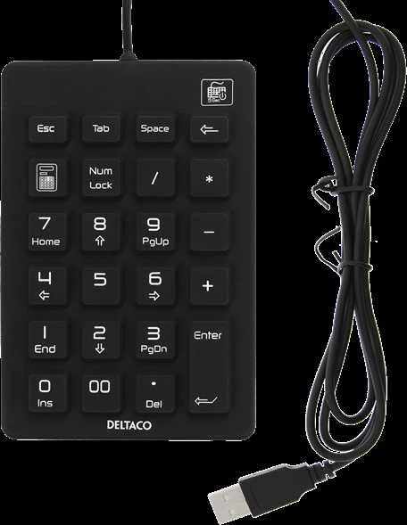 Skaitmeninė silikoninė klaviatūra DELTACO IP68, 23 klavišai, USB laidas 1,8 m, juoda / TB-510
