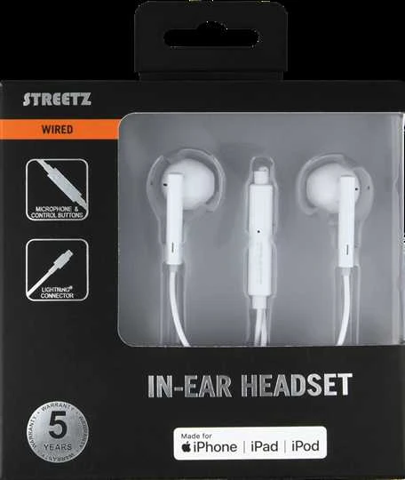 STREETZ į ausis įkišamos Lightning ausinės, Lightning jungtis, 10 mm , 32 &Om;, 20 Hz - 20 kHz, 1,2 m, baltos HL-390