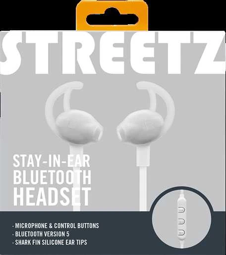 STREETZ „Stay-į ausis įkišamos“ BT5,0 ausinės su mikrofonu ir valdymo mygtukais, baltos HL-BT304